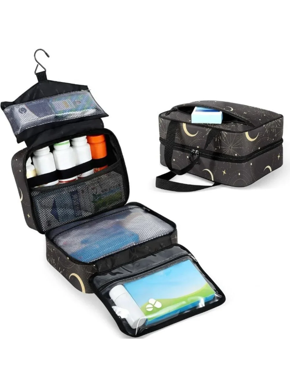 Stylish Black & Gold Celestial Moon Travel Toiletry Bag - Portable Organizer for
